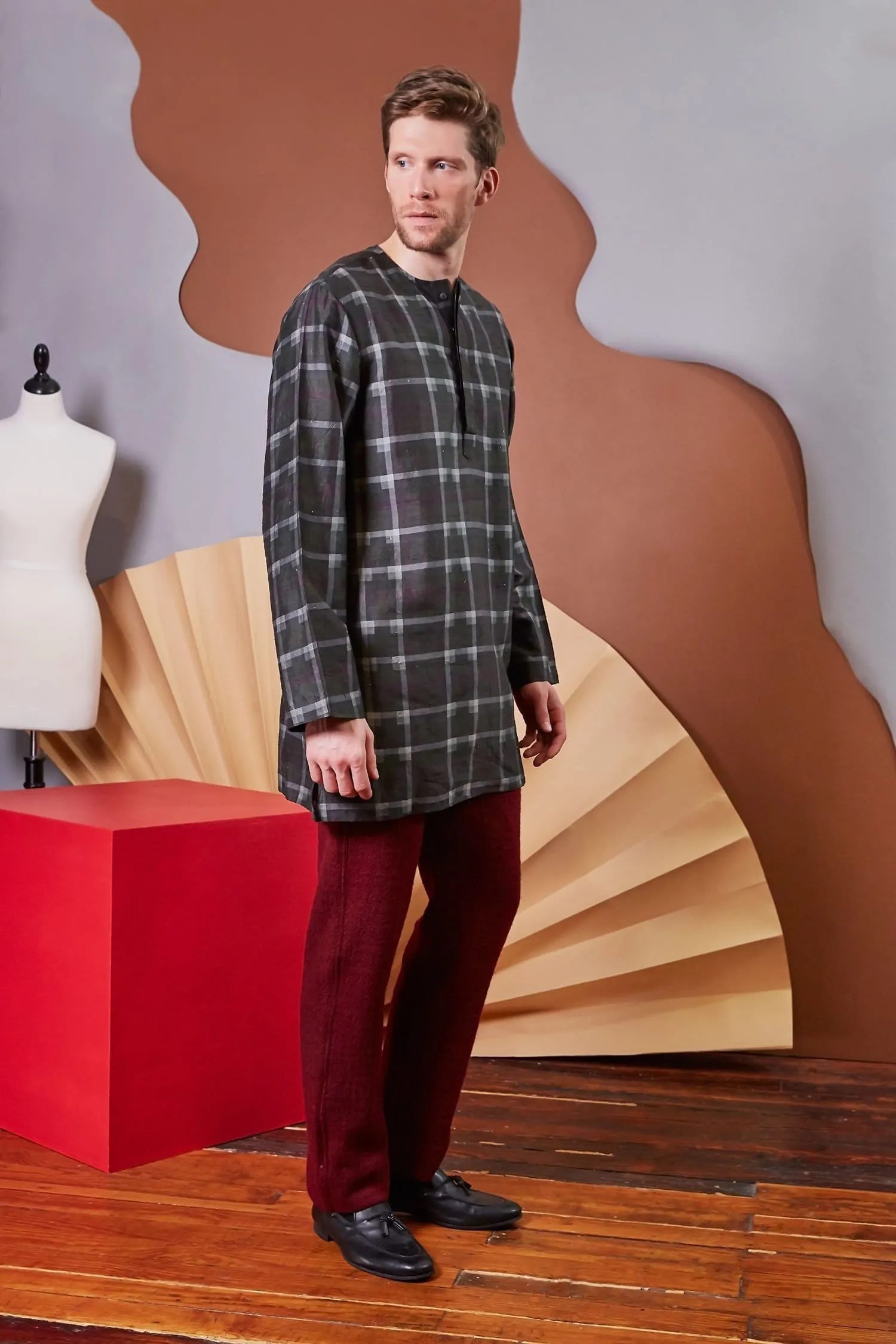 Lavanya Coodly Men's Blythe Charcoal Silk Shirt with Henley Neckline