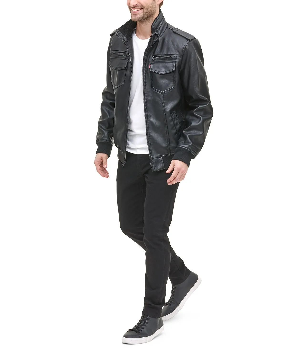 Levi's Men's Faux Leather Bomber Jacket with Sherpa Lining, Black