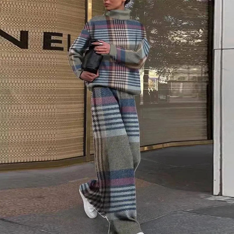 Long Sleeve Fashion Office Loose Fall Retro Pattern Print Turtleneck Set