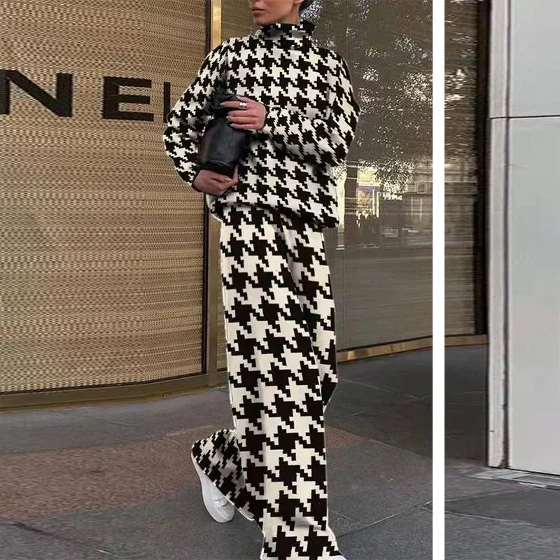 Long Sleeve Fashion Office Loose Fall Retro Pattern Print Turtleneck Set