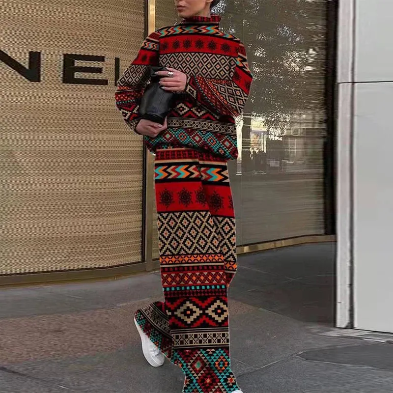 Long Sleeve Fashion Office Loose Fall Retro Pattern Print Turtleneck Set