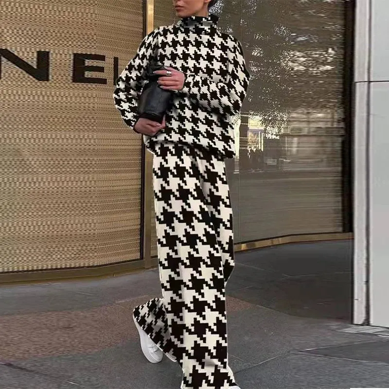 Long Sleeve Fashion Office Loose Fall Retro Pattern Print Turtleneck Set