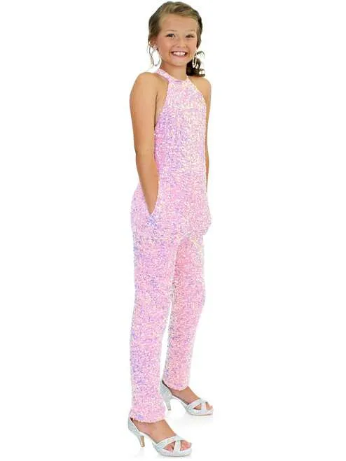 Marc Defang 5022 Size 6 Hot Pink Girls Velvet Sequin Pageant Jumpsuit Fun Fashion High Neck