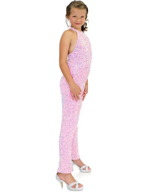 Marc Defang 5022 Size 6 Hot Pink Girls Velvet Sequin Pageant Jumpsuit Fun Fashion High Neck