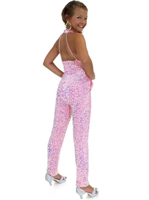 Marc Defang 5022 Size 6 Hot Pink Girls Velvet Sequin Pageant Jumpsuit Fun Fashion High Neck
