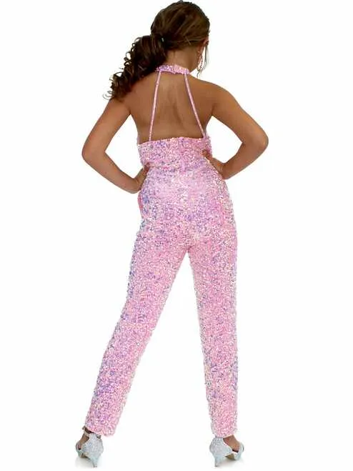 Marc Defang 5022 Size 6 Hot Pink Girls Velvet Sequin Pageant Jumpsuit Fun Fashion High Neck