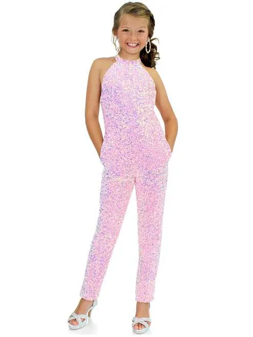 Marc Defang 5022 Size 6 Hot Pink Girls Velvet Sequin Pageant Jumpsuit Fun Fashion High Neck