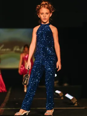 Marc Defang 5022 Size 6 Hot Pink Girls Velvet Sequin Pageant Jumpsuit Fun Fashion High Neck
