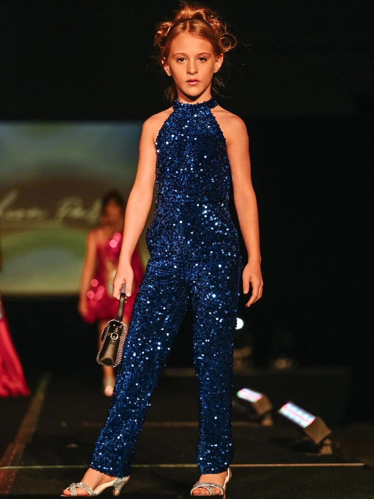Marc Defang 5022 Size 6 Hot Pink Girls Velvet Sequin Pageant Jumpsuit Fun Fashion High Neck