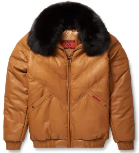 Men's Camel Leather V-Bomber Jacket