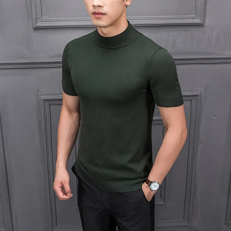 Men's Cotton T-shirt Sweater Half Turtleneck Solid Suck Sweat High Quality De Yq Clothing Knitted Casual Short Sleeve Pullover