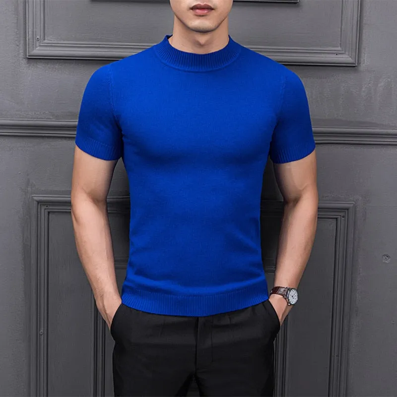Men's Cotton T-shirt Sweater Half Turtleneck Solid Suck Sweat High Quality De Yq Clothing Knitted Casual Short Sleeve Pullover