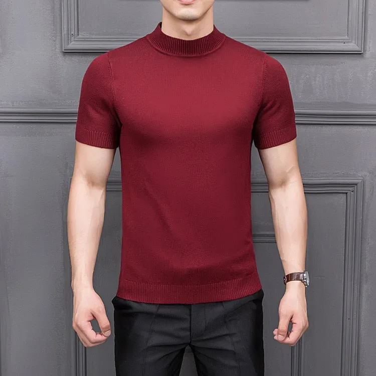 Men's Cotton T-shirt Sweater Half Turtleneck Solid Suck Sweat High Quality De Yq Clothing Knitted Casual Short Sleeve Pullover