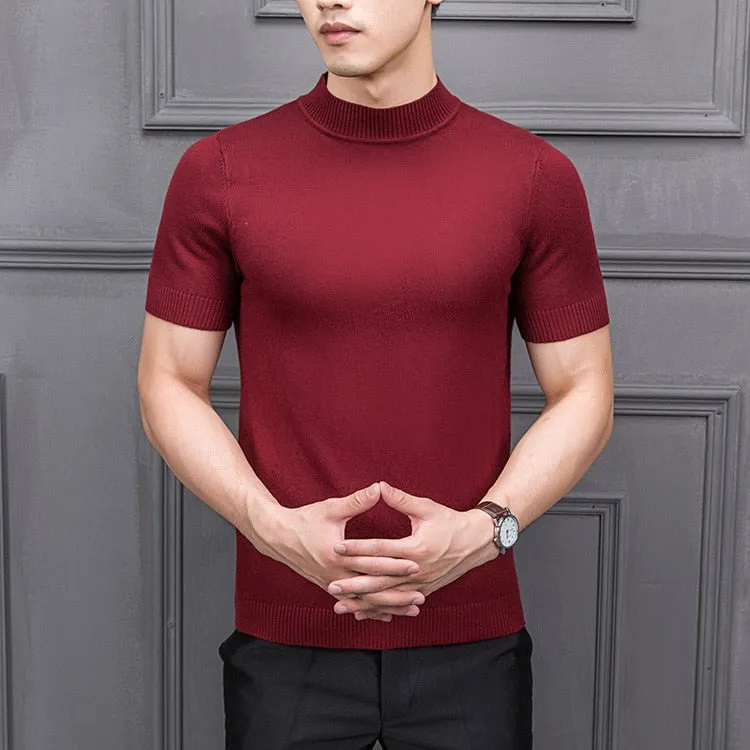 Men's Cotton T-shirt Sweater Half Turtleneck Solid Suck Sweat High Quality De Yq Clothing Knitted Casual Short Sleeve Pullover