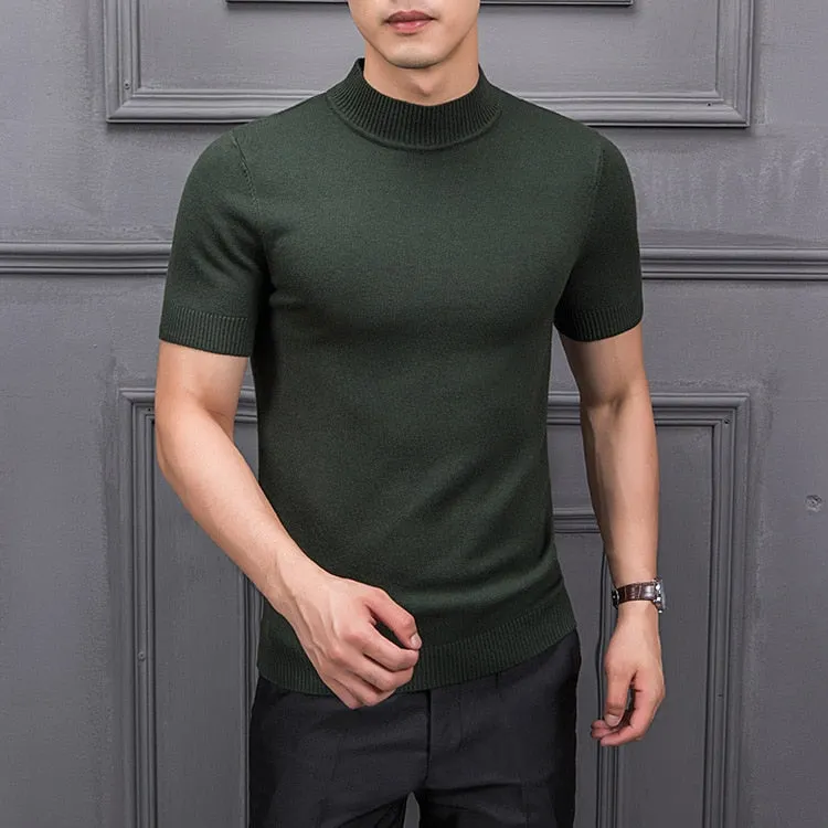Men's Cotton T-shirt Sweater Half Turtleneck Solid Suck Sweat High Quality De Yq Clothing Knitted Casual Short Sleeve Pullover