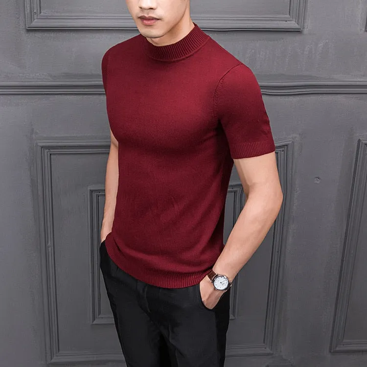 Men's Cotton T-shirt Sweater Half Turtleneck Solid Suck Sweat High Quality De Yq Clothing Knitted Casual Short Sleeve Pullover