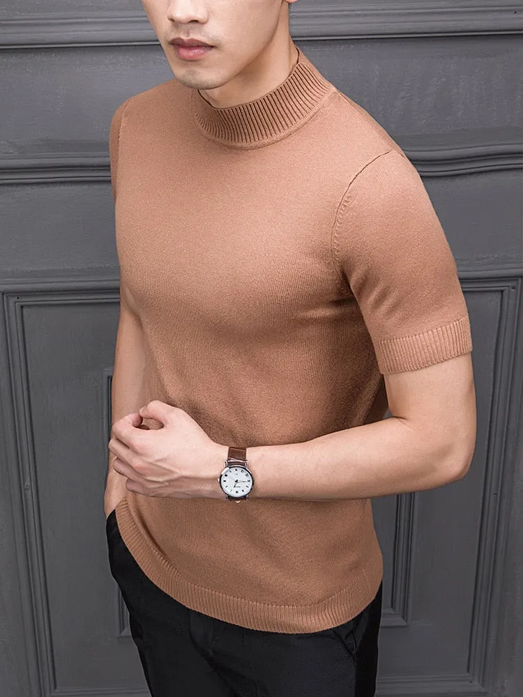 Men's Cotton T-shirt Sweater Half Turtleneck Solid Suck Sweat High Quality De Yq Clothing Knitted Casual Short Sleeve Pullover