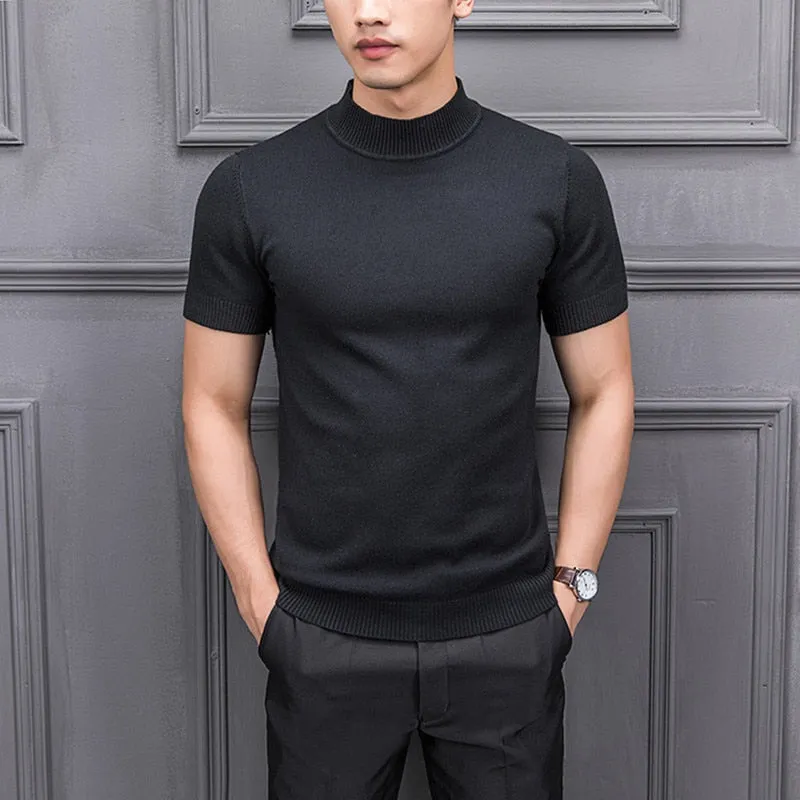 Men's Cotton T-shirt Sweater Half Turtleneck Solid Suck Sweat High Quality De Yq Clothing Knitted Casual Short Sleeve Pullover