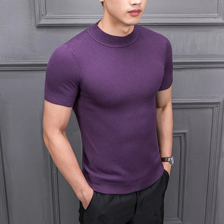 Men's Cotton T-shirt Sweater Half Turtleneck Solid Suck Sweat High Quality De Yq Clothing Knitted Casual Short Sleeve Pullover