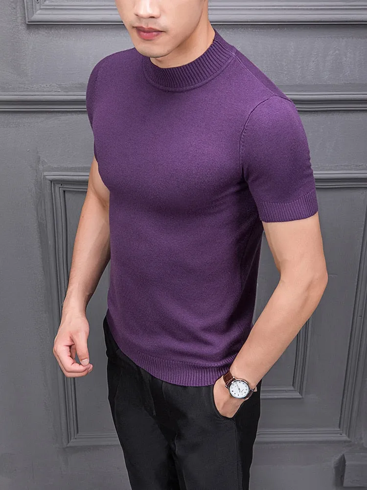 Men's Cotton T-shirt Sweater Half Turtleneck Solid Suck Sweat High Quality De Yq Clothing Knitted Casual Short Sleeve Pullover