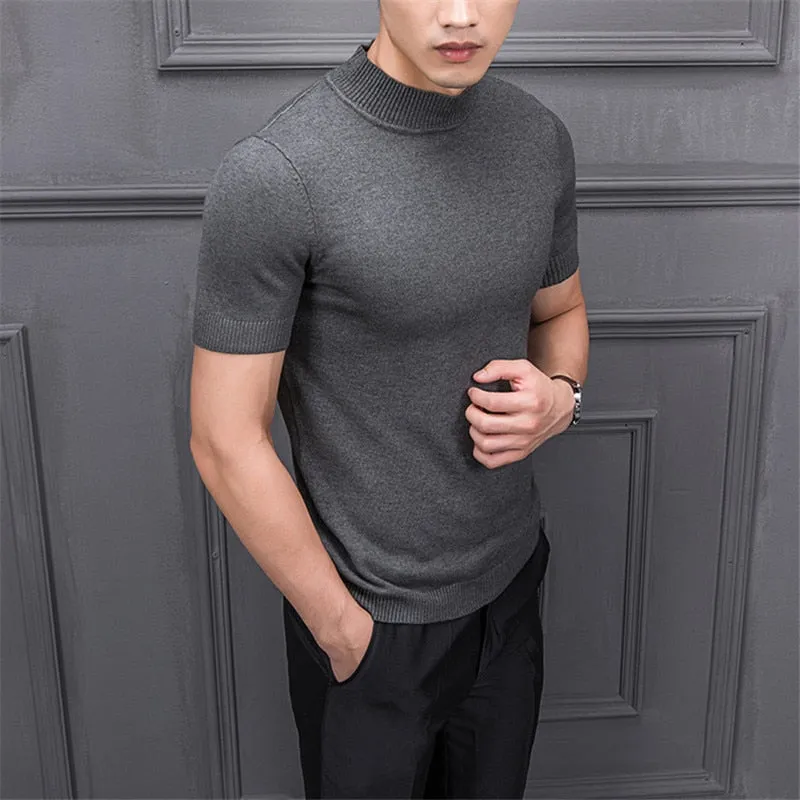 Men's Cotton T-shirt Sweater Half Turtleneck Solid Suck Sweat High Quality De Yq Clothing Knitted Casual Short Sleeve Pullover