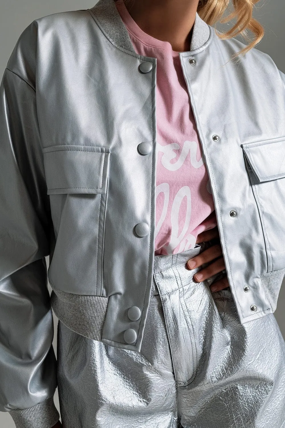 Metallic Bomber Jacket With Front Pockets In Silver