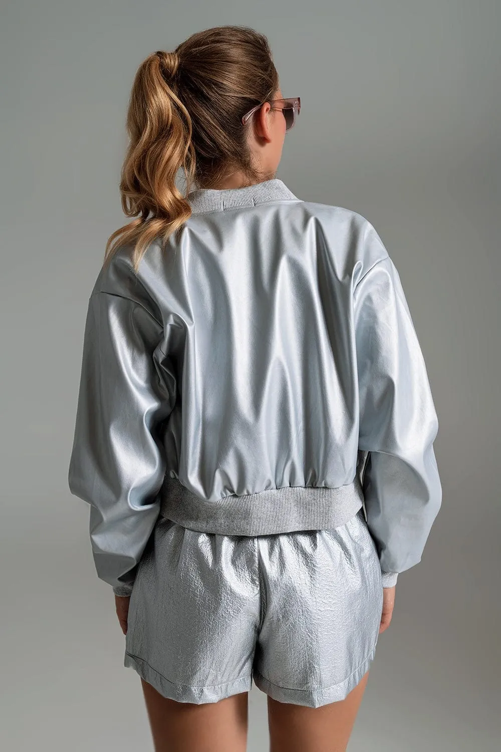 Metallic Bomber Jacket With Front Pockets In Silver