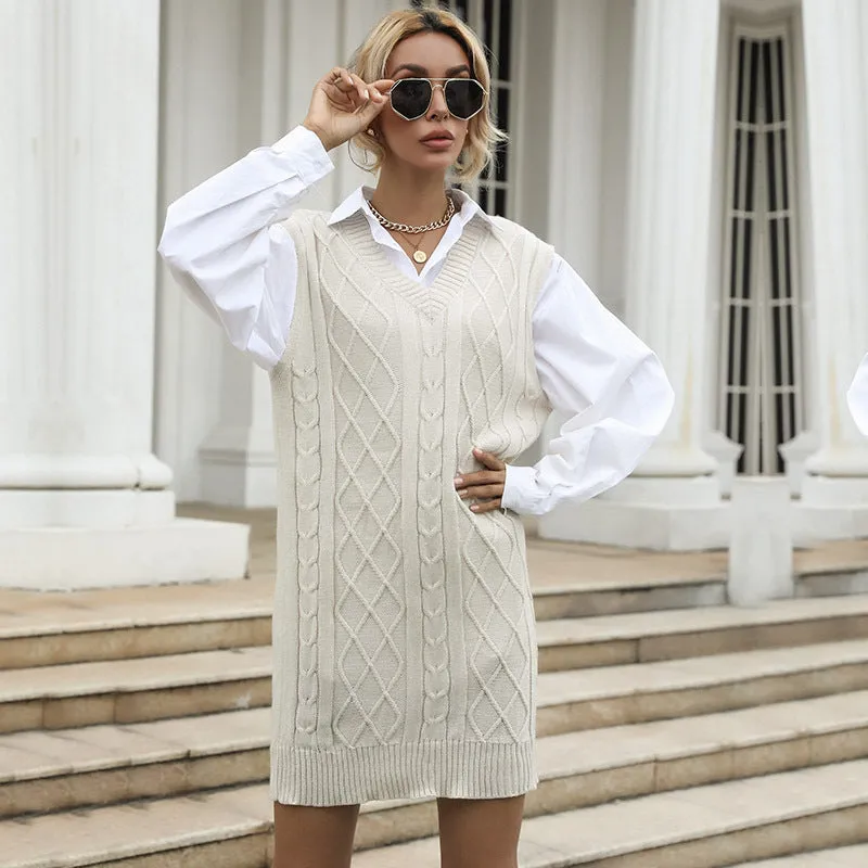 PEOPLETERRITORY  Popular trade women's clothing popular autumn and winter new products 2025 medium and long v-neck vest retro twist knitted sweater skirt