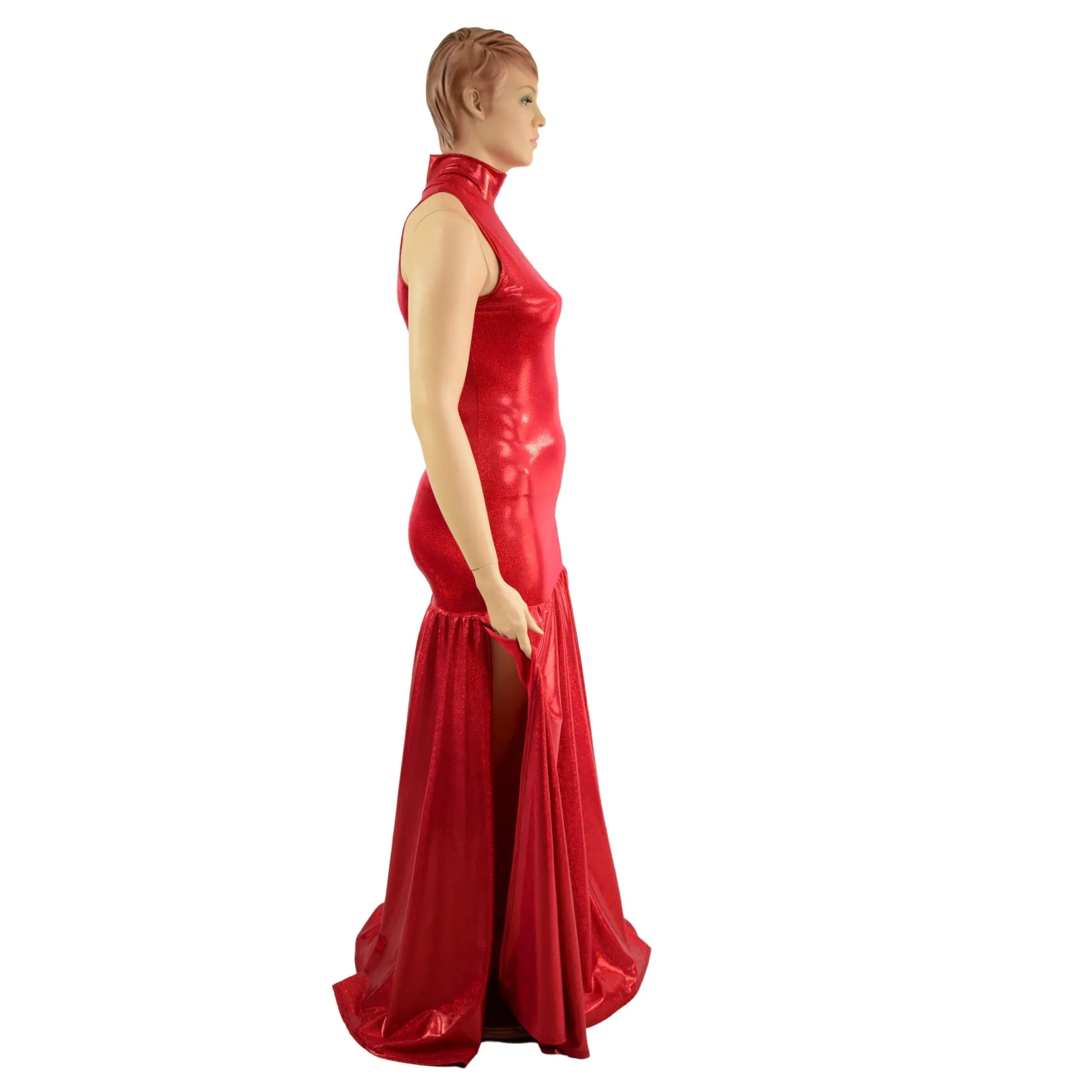 Red Sparkly Jewel Side Slit Trumpet Gown