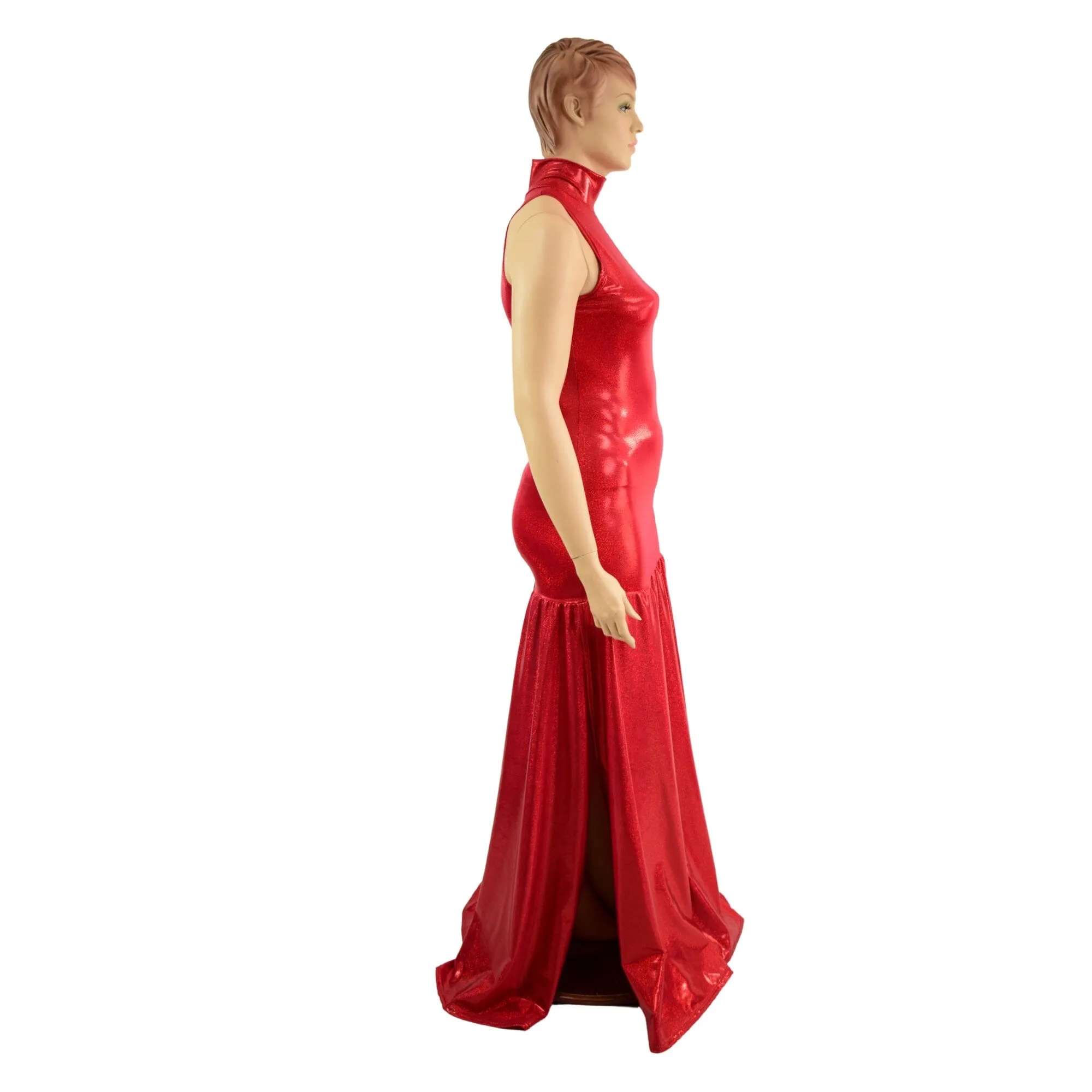 Red Sparkly Jewel Side Slit Trumpet Gown