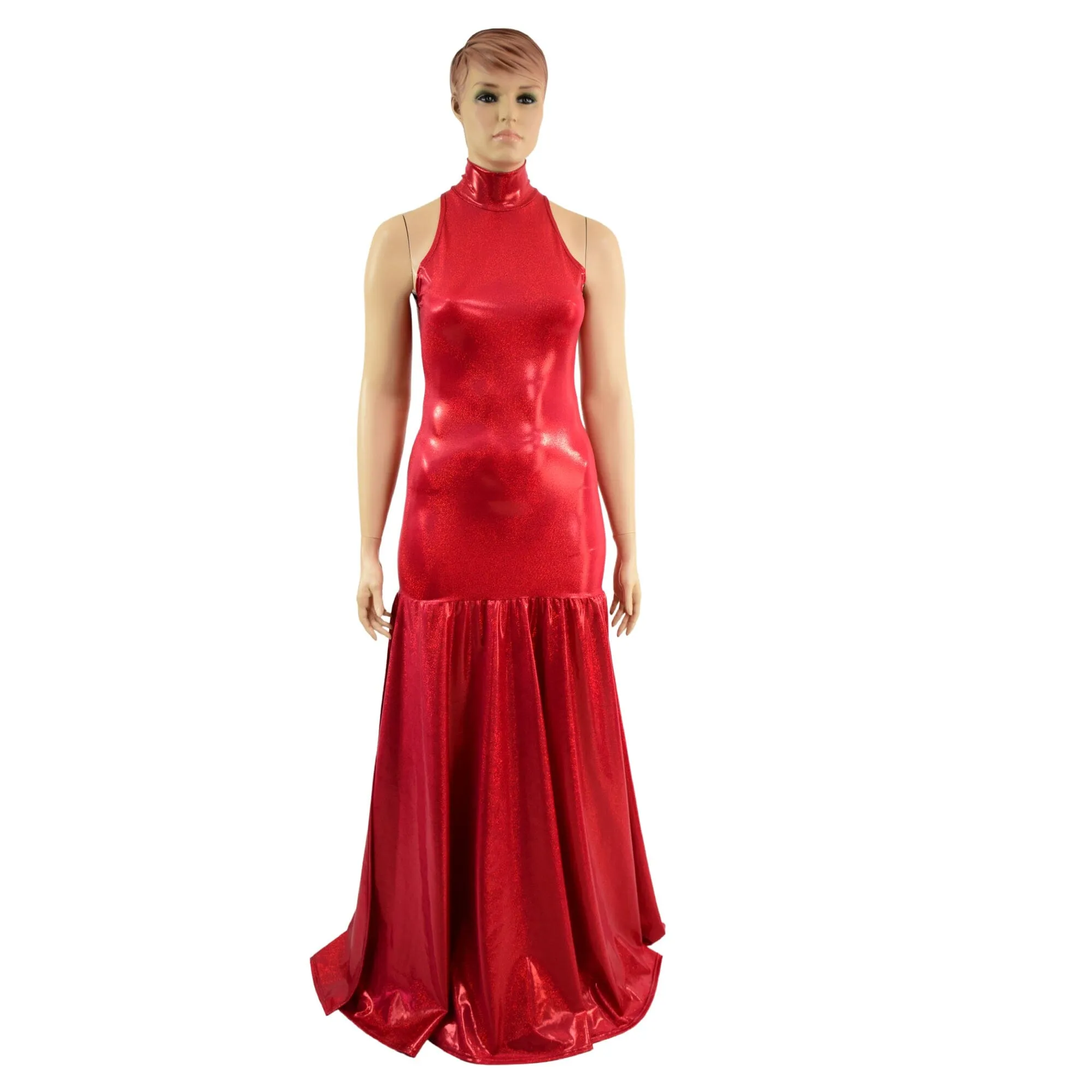 Red Sparkly Jewel Side Slit Trumpet Gown