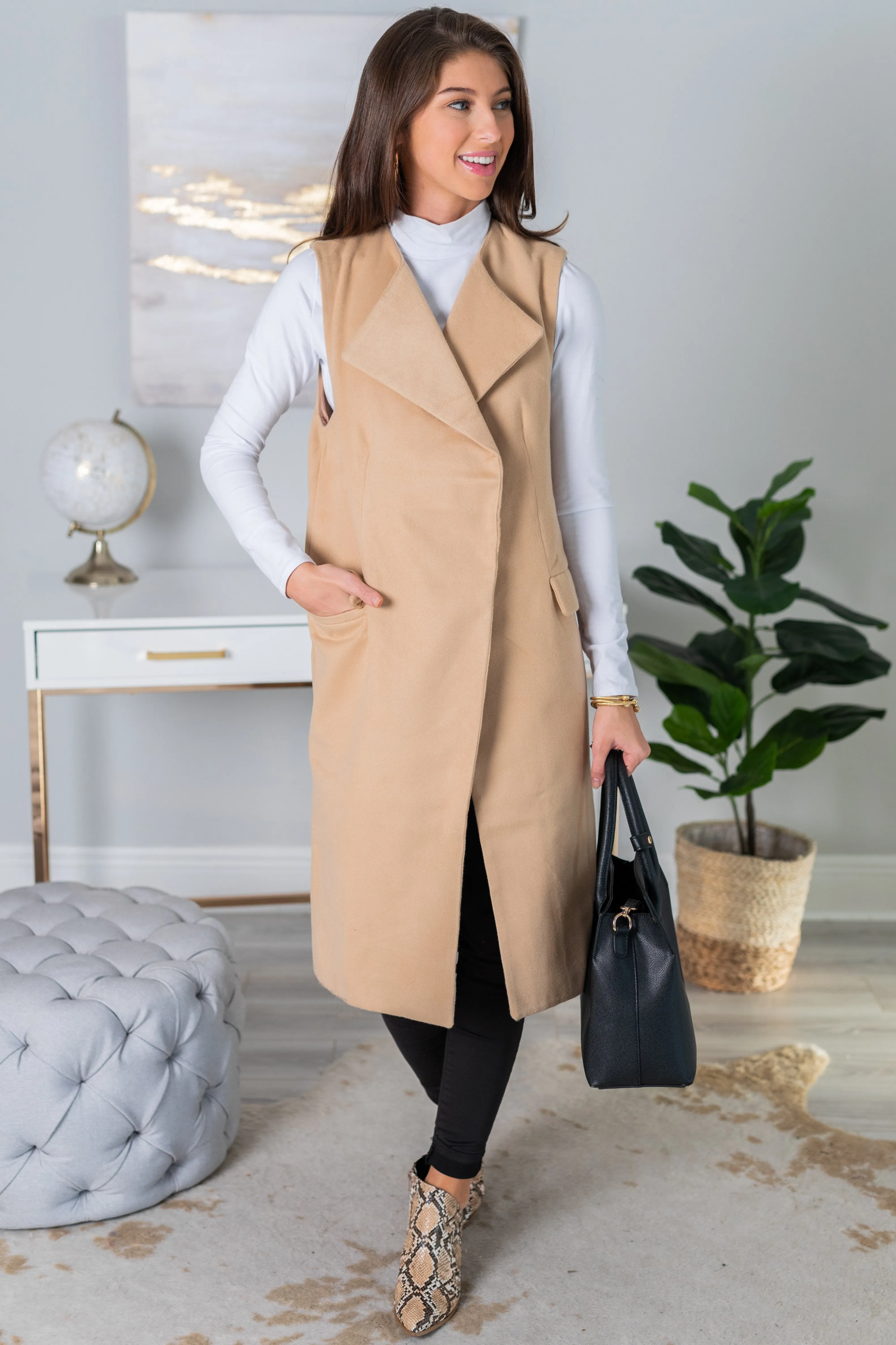 Run The World Camel Brown Long Line Blazer Vest