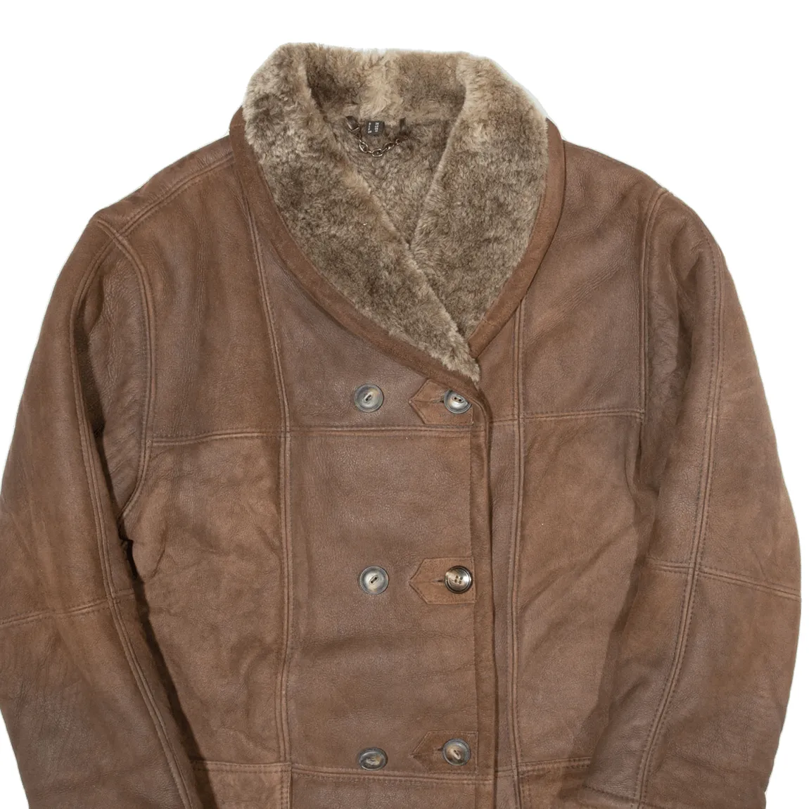 Sherpa Lined Womens Overcoat Jacket Brown Leather 90s UK 10