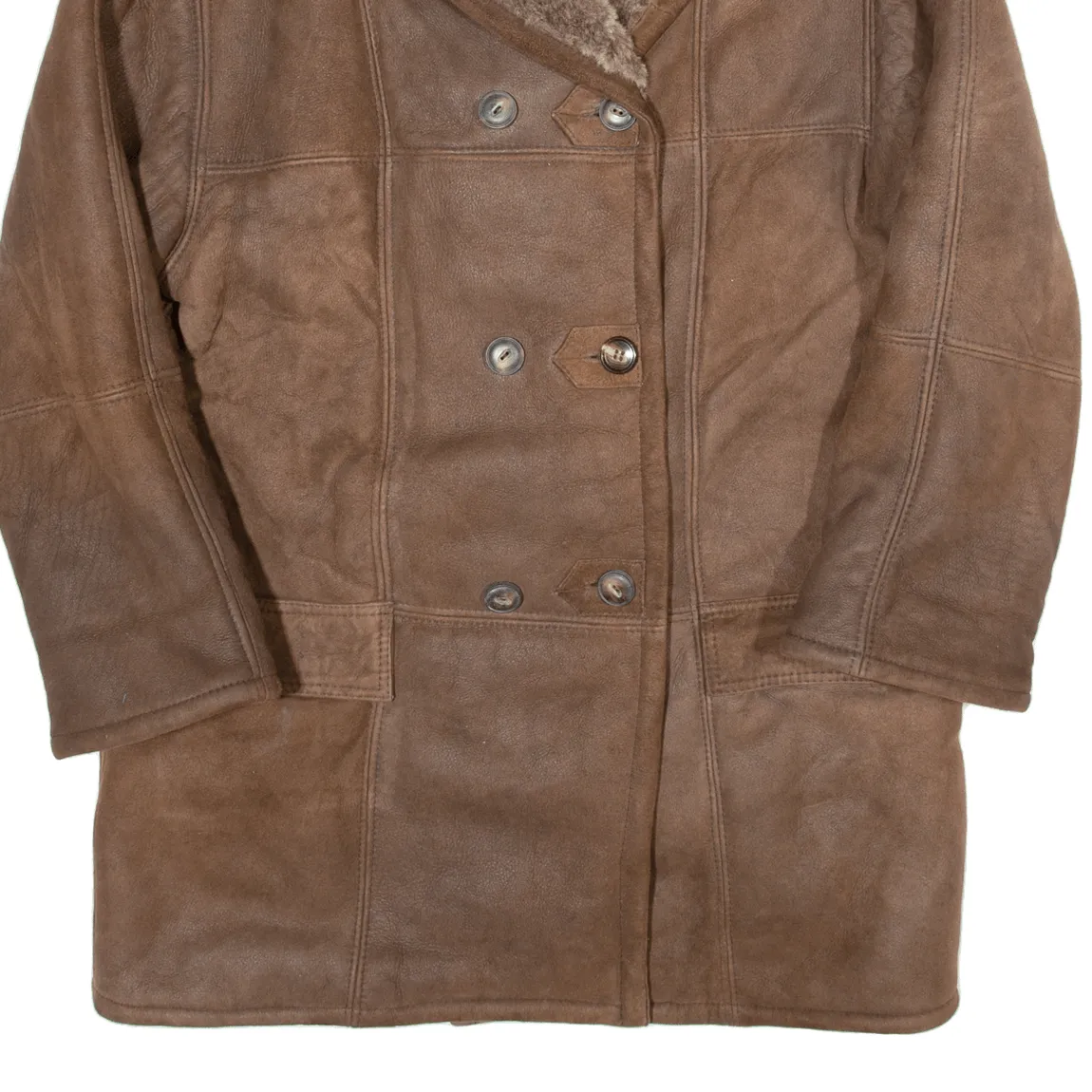 Sherpa Lined Womens Overcoat Jacket Brown Leather 90s UK 10