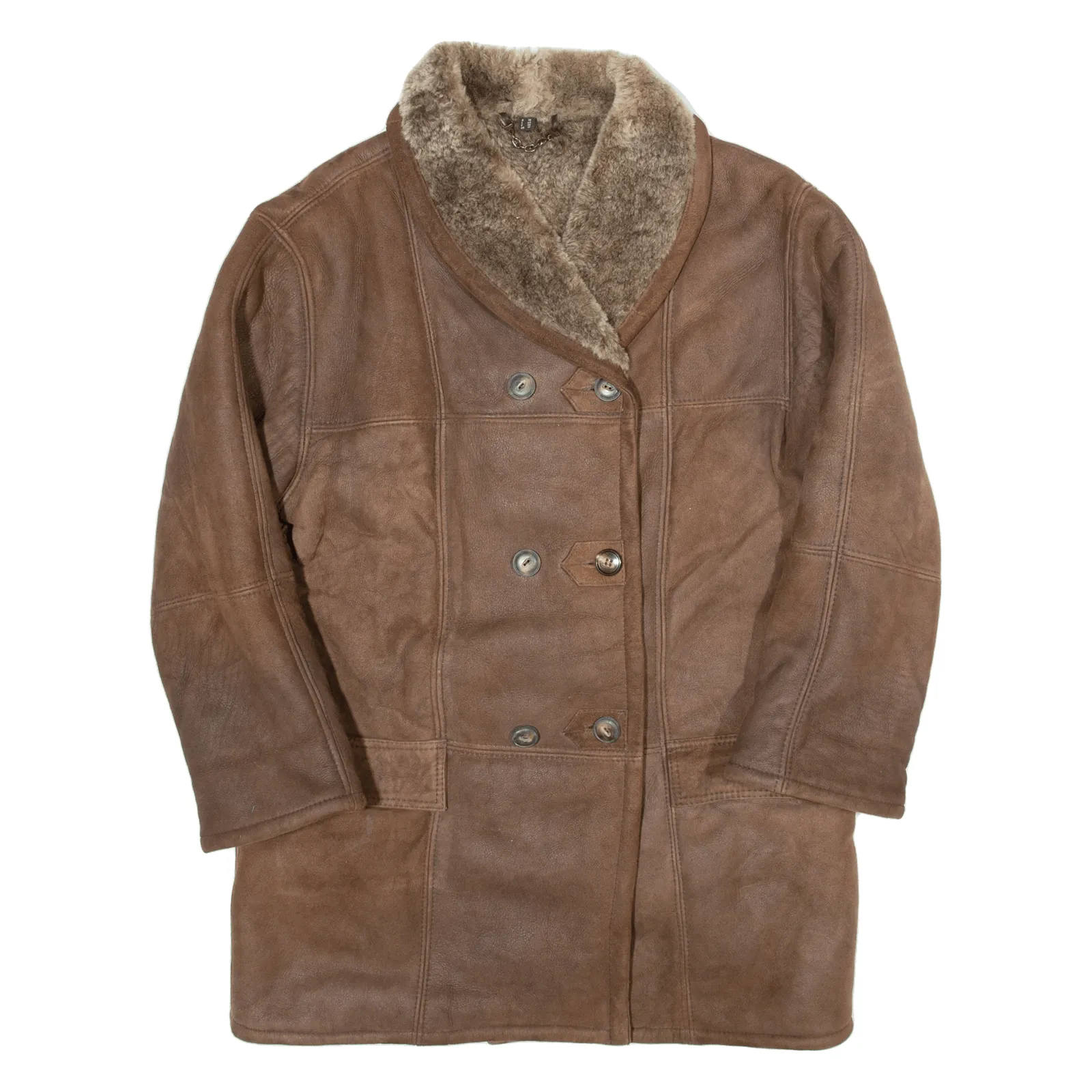 Sherpa Lined Womens Overcoat Jacket Brown Leather 90s UK 10