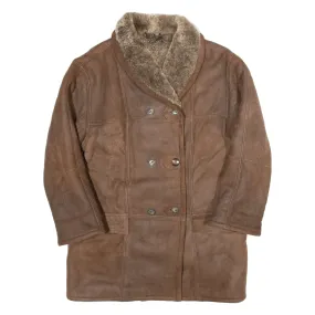 Sherpa Lined Womens Overcoat Jacket Brown Leather 90s UK 10