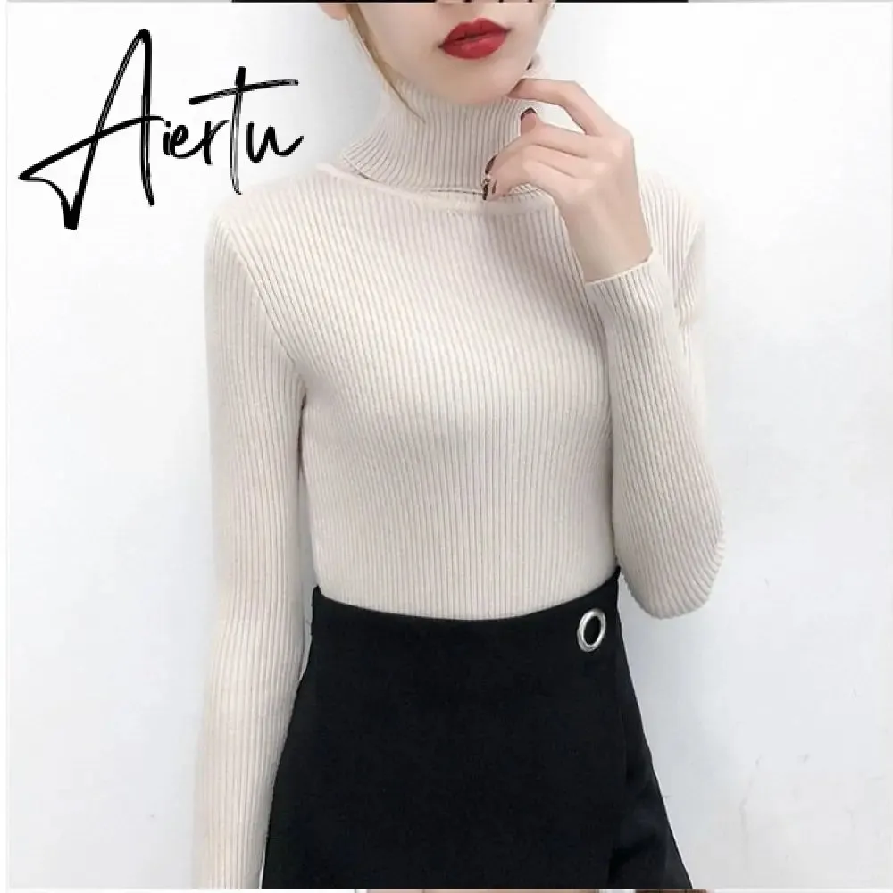 Simple Turtleneck Sweater Women Autumn Winter Casual Solid Color Slim Elastic Knit Pullover Female Soft Warm Jumper Basic Tops