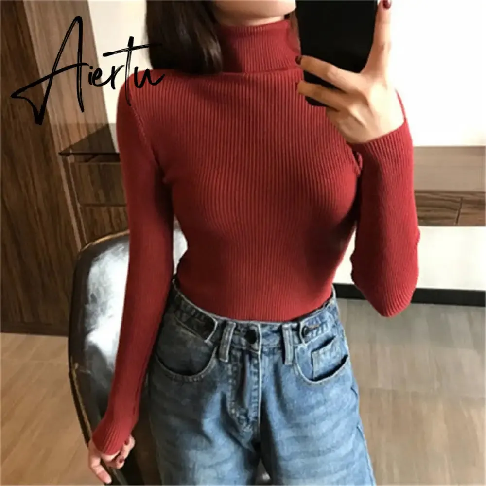 Simple Turtleneck Sweater Women Autumn Winter Casual Solid Color Slim Elastic Knit Pullover Female Soft Warm Jumper Basic Tops