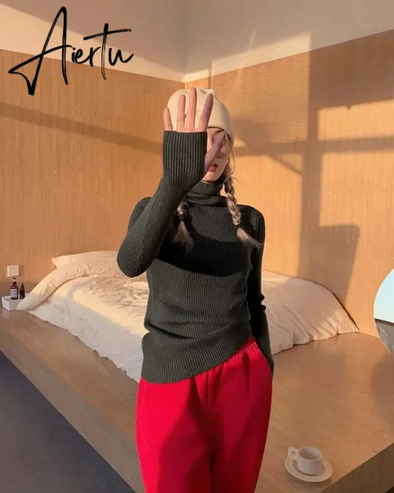 Simple Turtleneck Sweater Women Autumn Winter Casual Solid Color Slim Elastic Knit Pullover Female Soft Warm Jumper Basic Tops