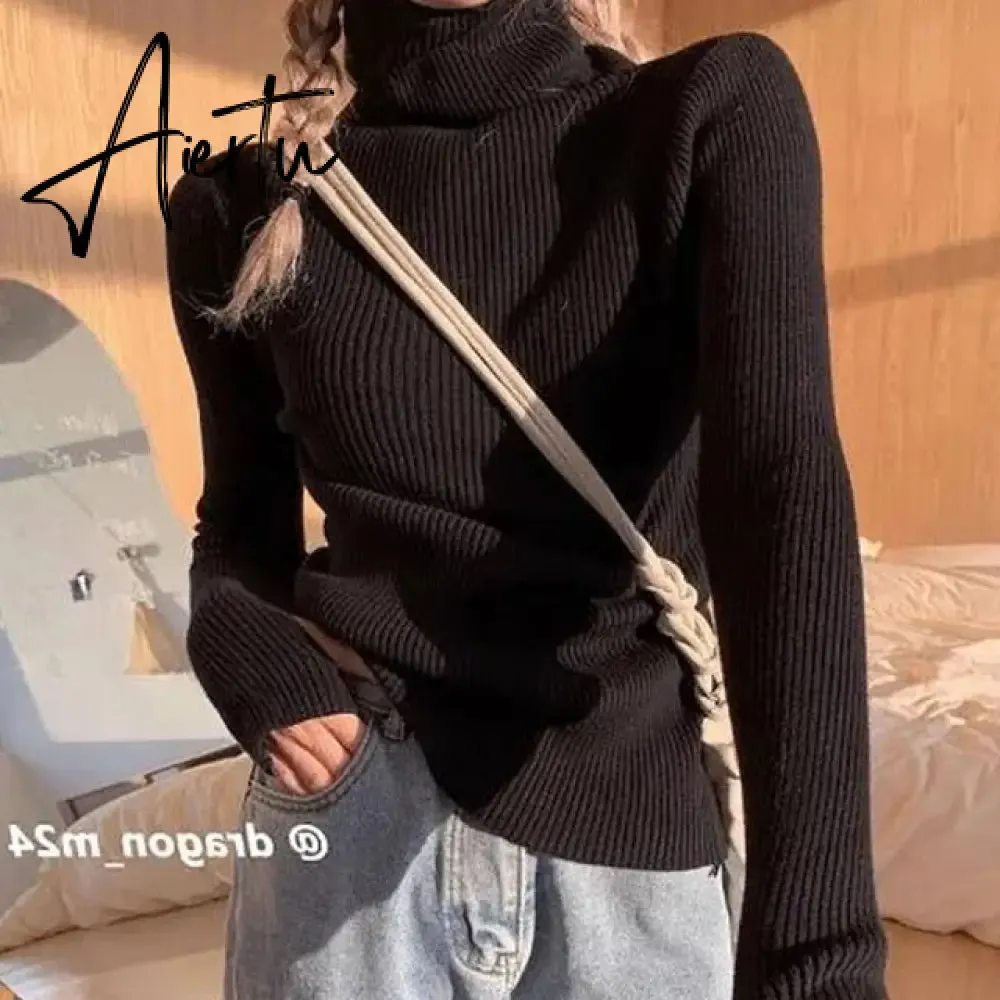 Simple Turtleneck Sweater Women Autumn Winter Casual Solid Color Slim Elastic Knit Pullover Female Soft Warm Jumper Basic Tops