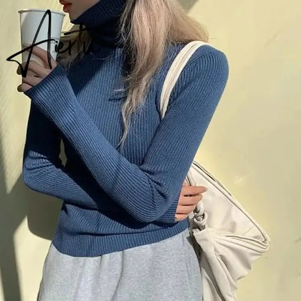 Simple Turtleneck Sweater Women Autumn Winter Casual Solid Color Slim Elastic Knit Pullover Female Soft Warm Jumper Basic Tops