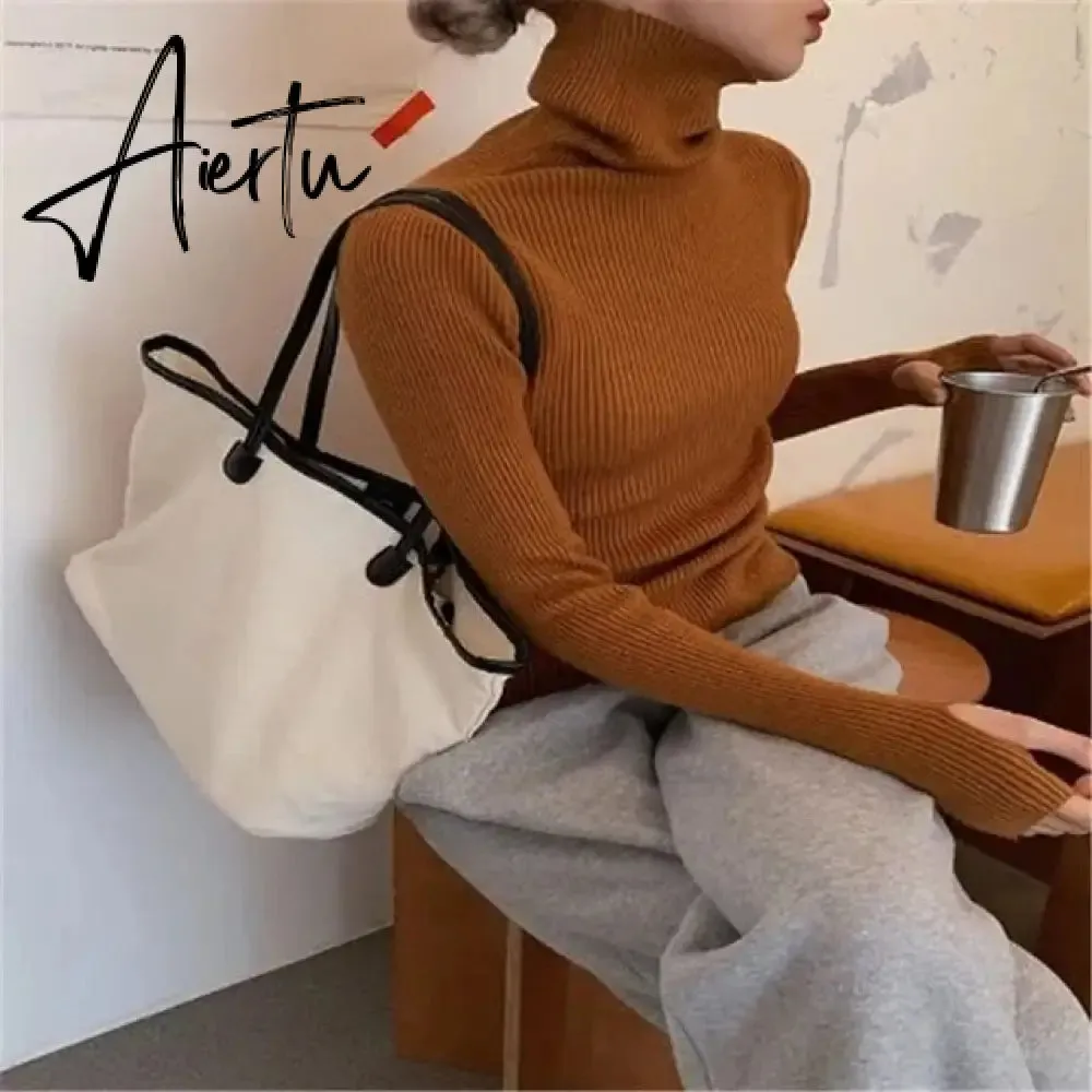 Simple Turtleneck Sweater Women Autumn Winter Casual Solid Color Slim Elastic Knit Pullover Female Soft Warm Jumper Basic Tops