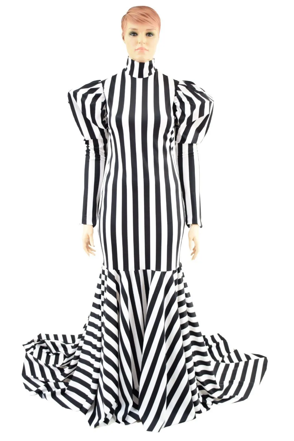 Striped Gown with High-Break Mermaid Flare Puddle Train