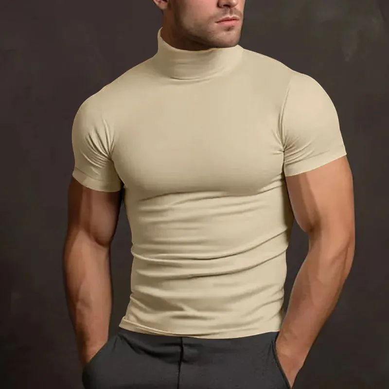 Summer Men Turtleneck Cotton Short Sleeve Slim Body T-Shirt Men Solid Color Base shirt Modale High Collar Short-sleeved Tshirt