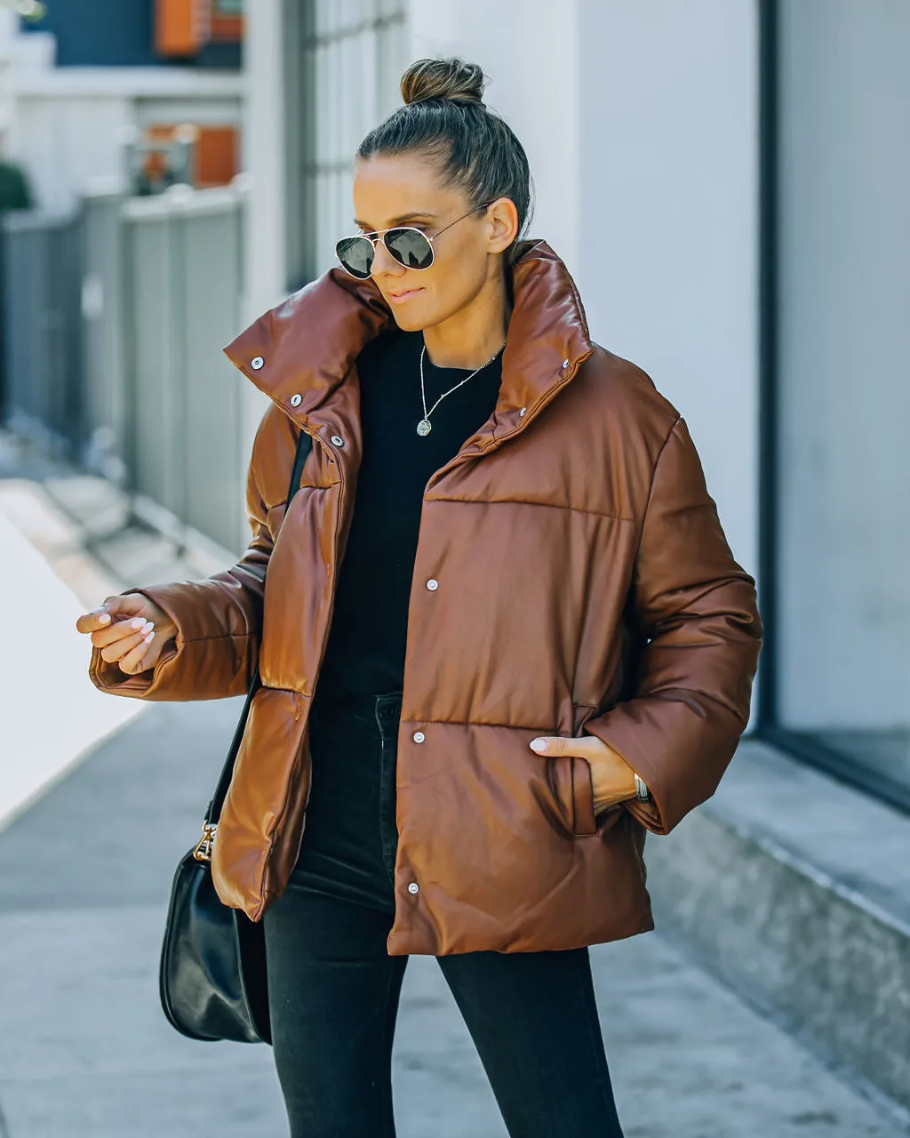 TastyHottie - Cade Pocketed Faux Leather Puffer Jacket - Brown