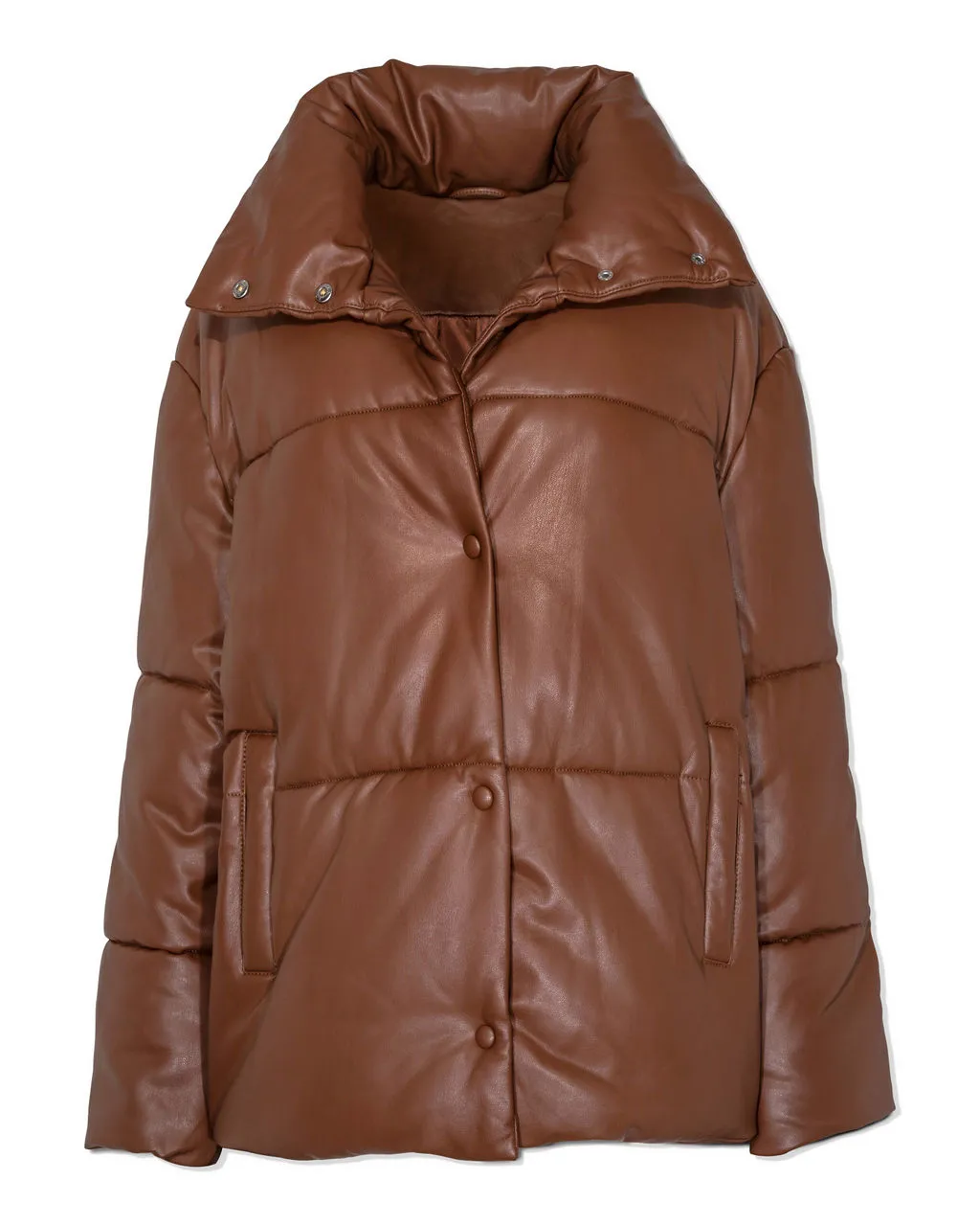 TastyHottie - Cade Pocketed Faux Leather Puffer Jacket - Brown