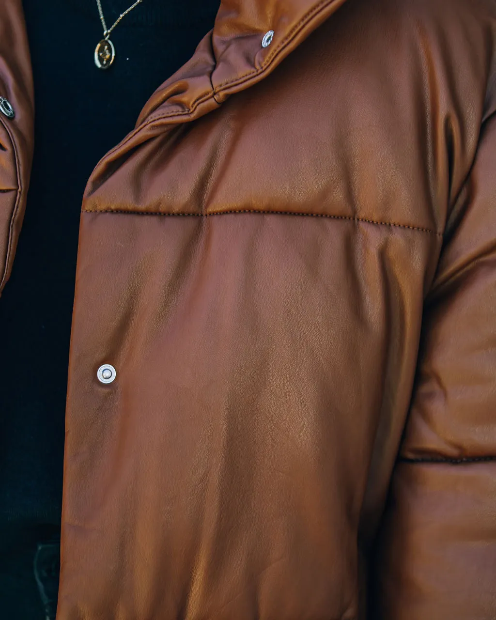 TastyHottie - Cade Pocketed Faux Leather Puffer Jacket - Brown