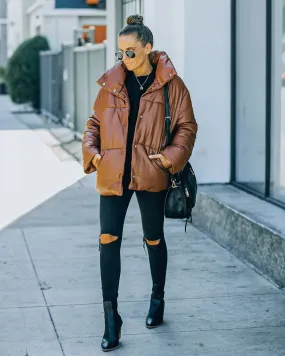 TastyHottie - Cade Pocketed Faux Leather Puffer Jacket - Brown