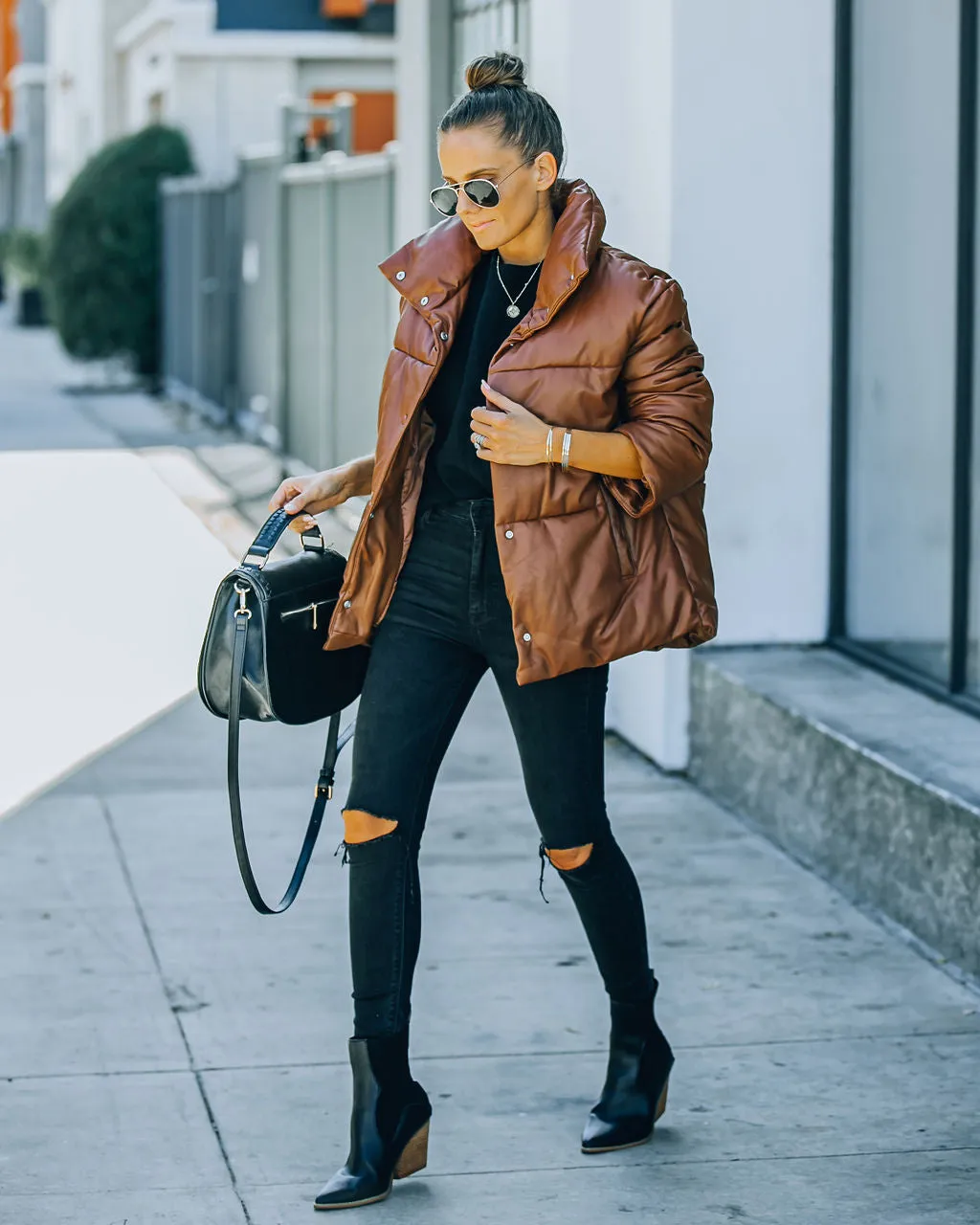 TastyHottie - Cade Pocketed Faux Leather Puffer Jacket - Brown