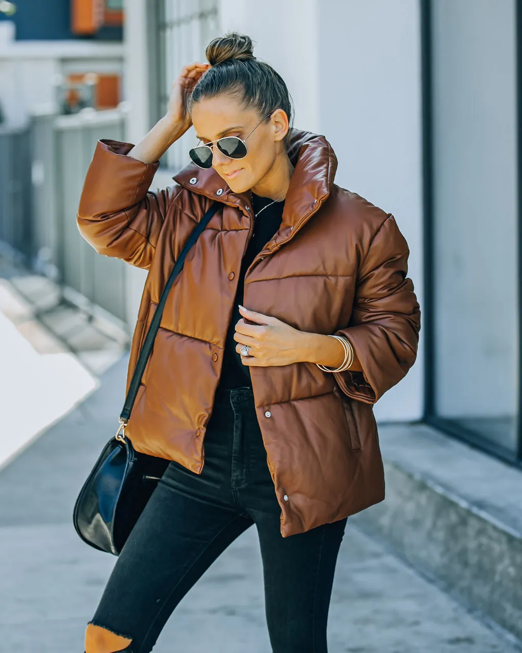TastyHottie - Cade Pocketed Faux Leather Puffer Jacket - Brown